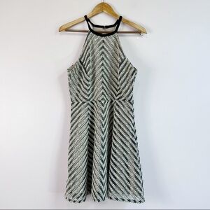 Fab'rik Velour Neck Halter Sheer Chevron Mixed Material Fit Flare Skater Dress S